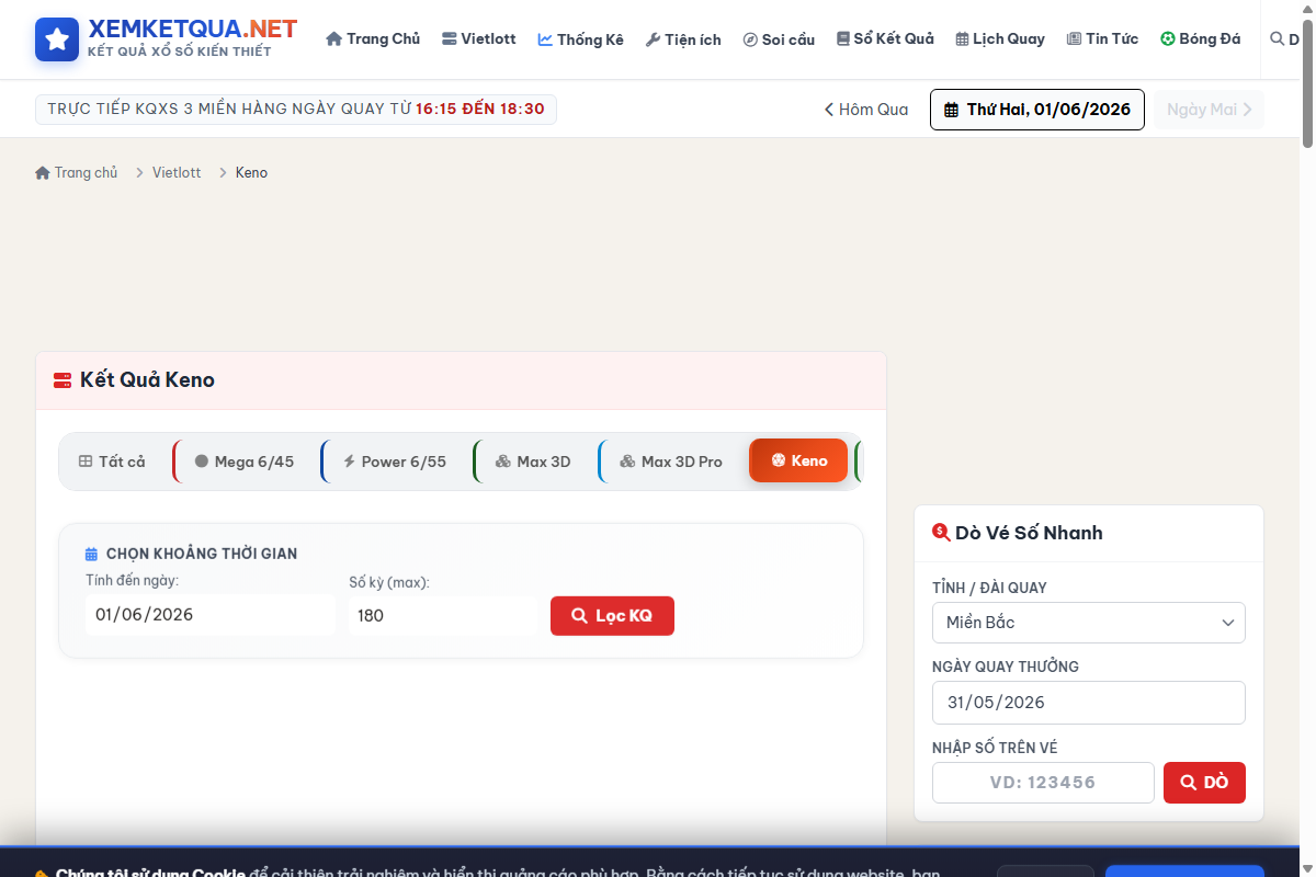 Hướng dẫn cách xem và sử dụng Xổ số Vietlott Keno trên Xemketqua.net