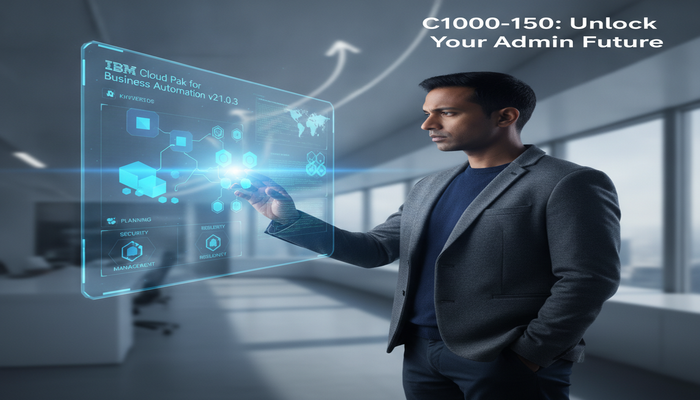 C1000-150: Unlock Your Admin Future A professional person analyzing a holographic display showing complex IBM Cloud Pak for Business Automation architecture and data flows, representing strategic preparation for the C1000-150 exam.