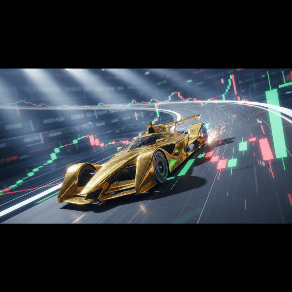 A golden race car on a financial chart track.