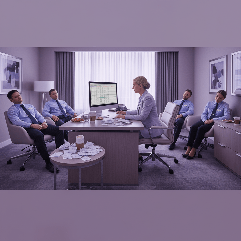 Hotel manager reviewing payroll spreadsheet with tired staff in a modern office