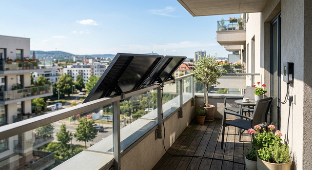 Kit fotovoltaico da balcone installato su un balcone moderno.