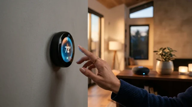 Hand adjusting a glowing smart thermostat on a modern living room wall at dusk