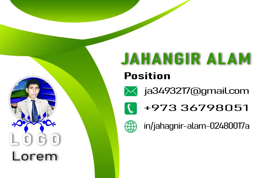 Jahangir A modern green and white business card template featuring a profile portrait, contact information for Jahangir Alam, and a company logo placeholder.