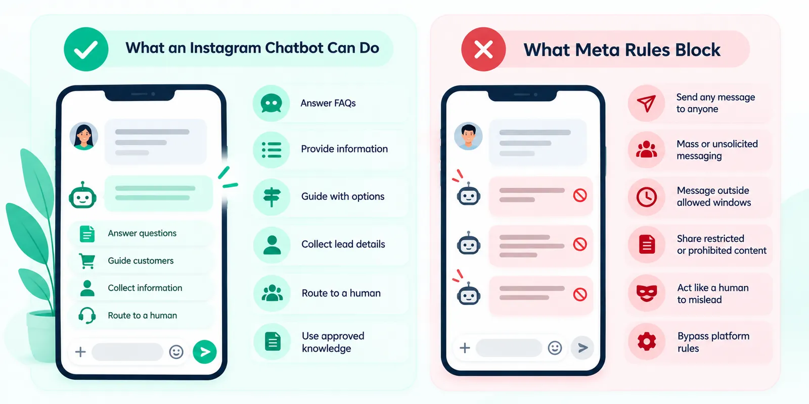 Editorial diagram separating Instagram chatbot capabilities from Meta platform and messaging boundaries.