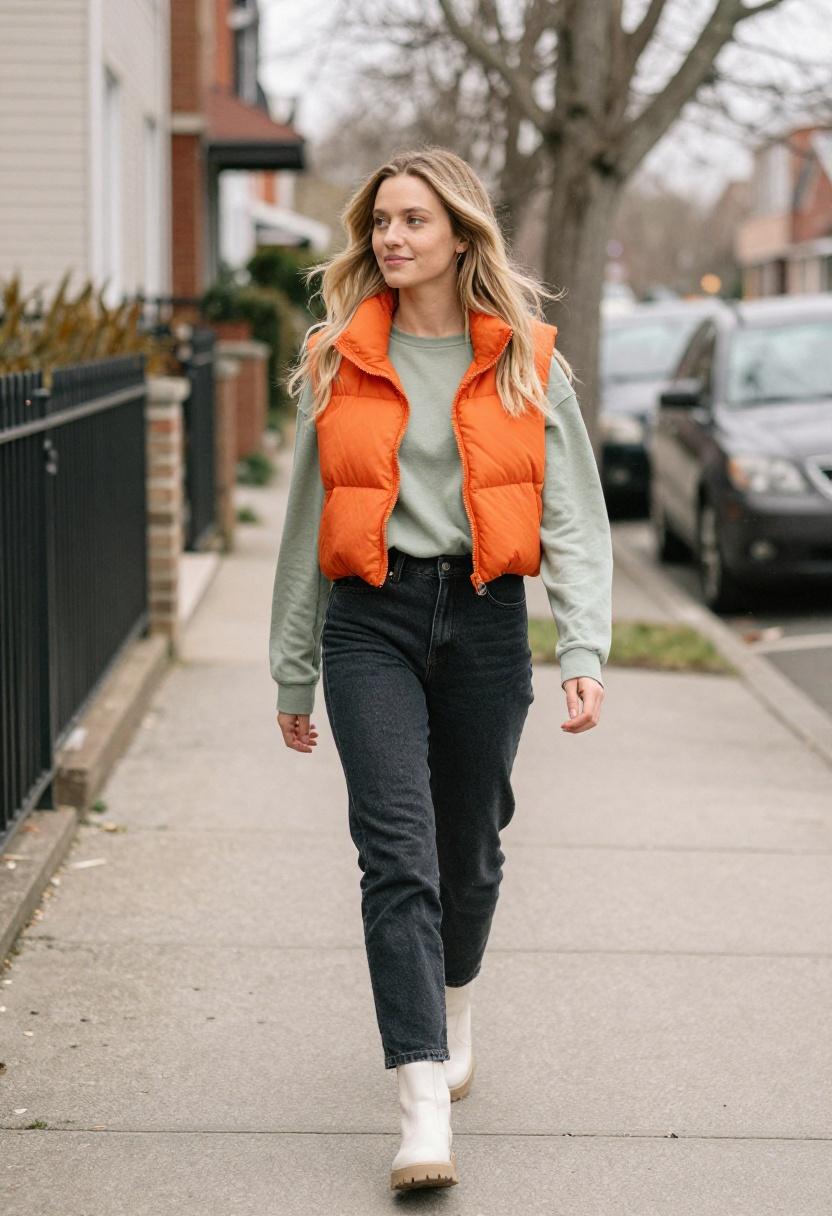 Tangerine orange puffer vest over sage green long-sleeve for colorful spring sidewalk look