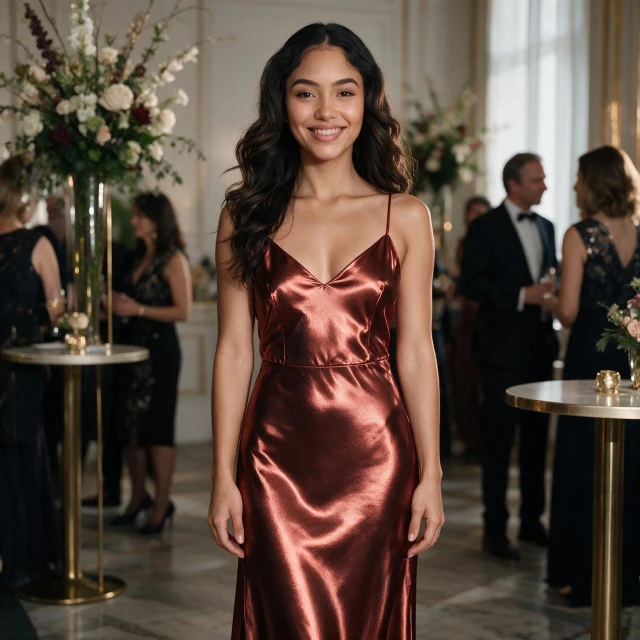 a candid event photo of a young woman with a warm duchenne smile wearing a shimmering metallic burgundy satin slip dress with thin spaghetti straps and a subtly tailored bodice, shown in a mid‑length shot that reveals more of the flowing satin fabric, standing in an elegant reception area with tall floral arrangements, soft warm lighting, high round cocktail tables and golden decor, a few elegantly dressed guests in the softly blurred background adding a gentle festive atmosphere, refined and sophisticated mood, high detail, rich textures, glossy satin highlights.