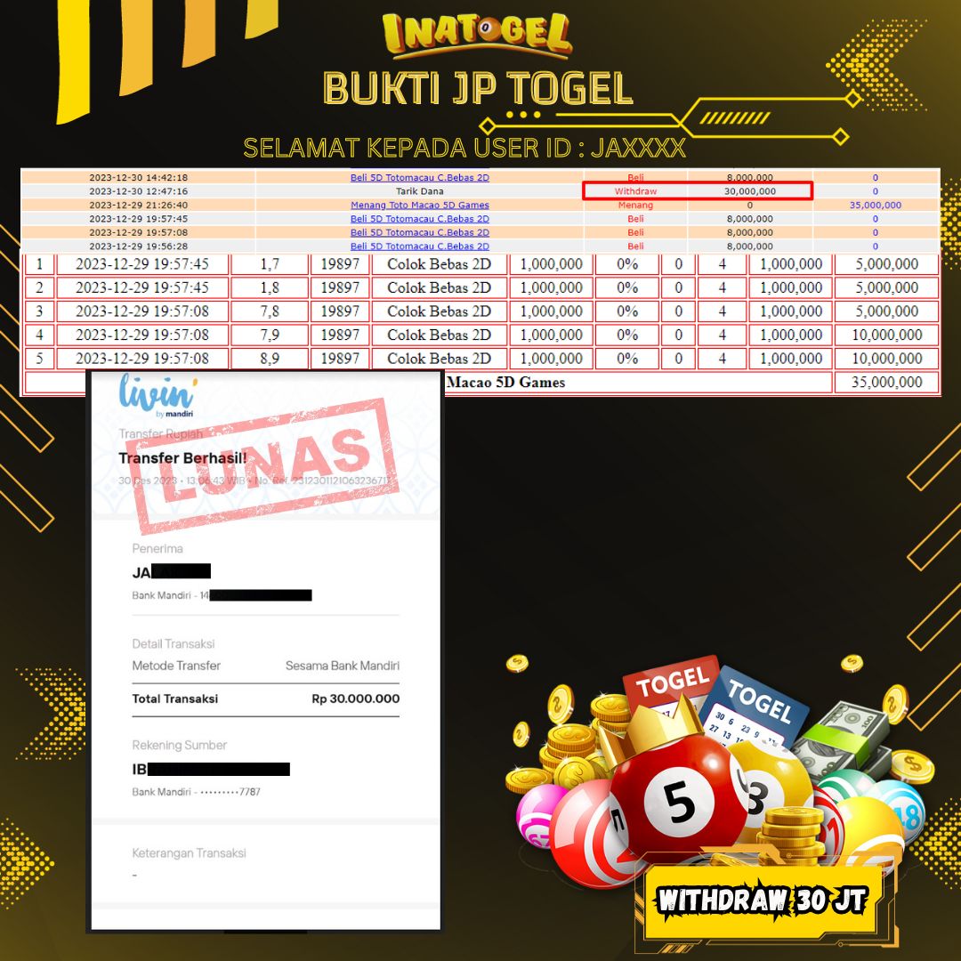 BUKTI PEMBAYARAN JP TOGEL MACAU 5D Rp30,000,000,- LUNAS