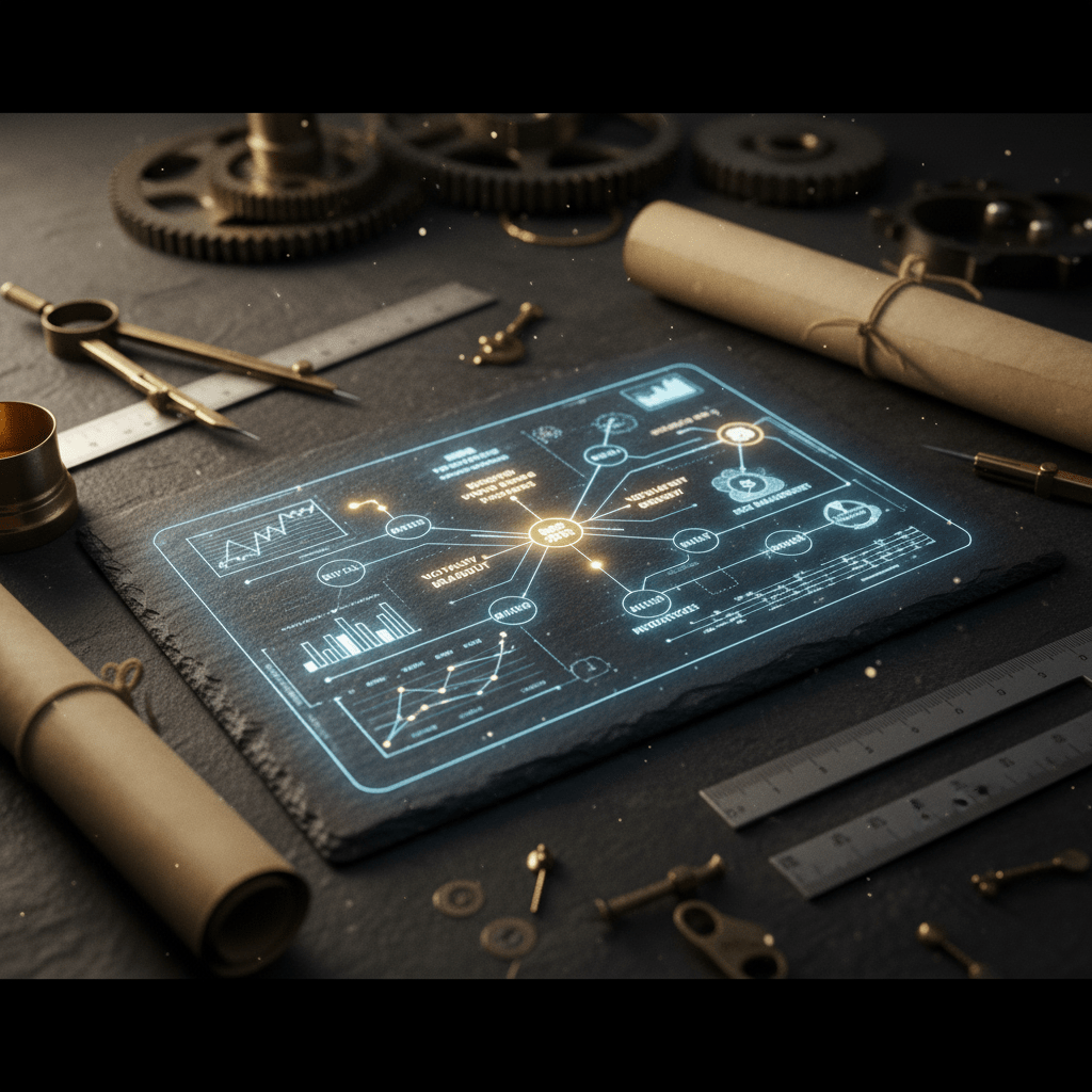 A detailed, glowing blueprint of a financial trading strategy on a dark, textured surface, with drafting tools like a compass and ruler nearby.