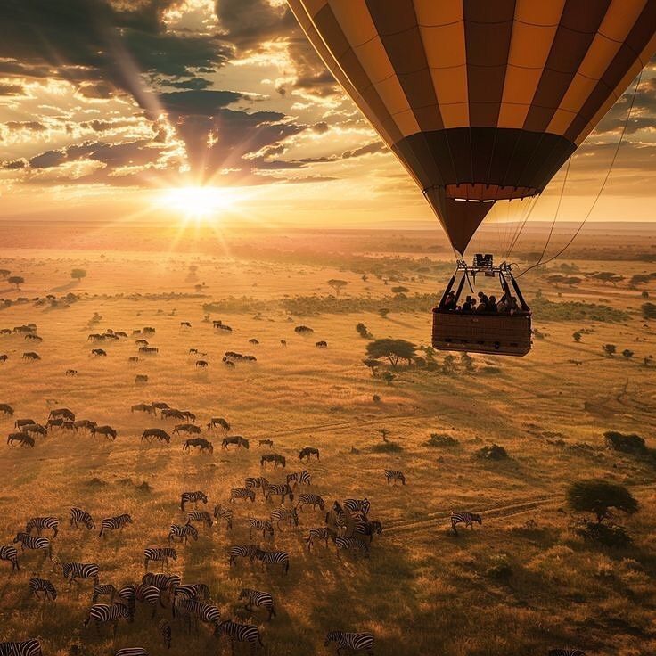 Hot air balloon safari over the savannah at sunrise
