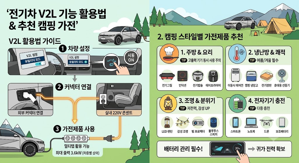 전기차 V2L 기능 활용법과 야외 캠핑 필수 추천 가전제품 가이드