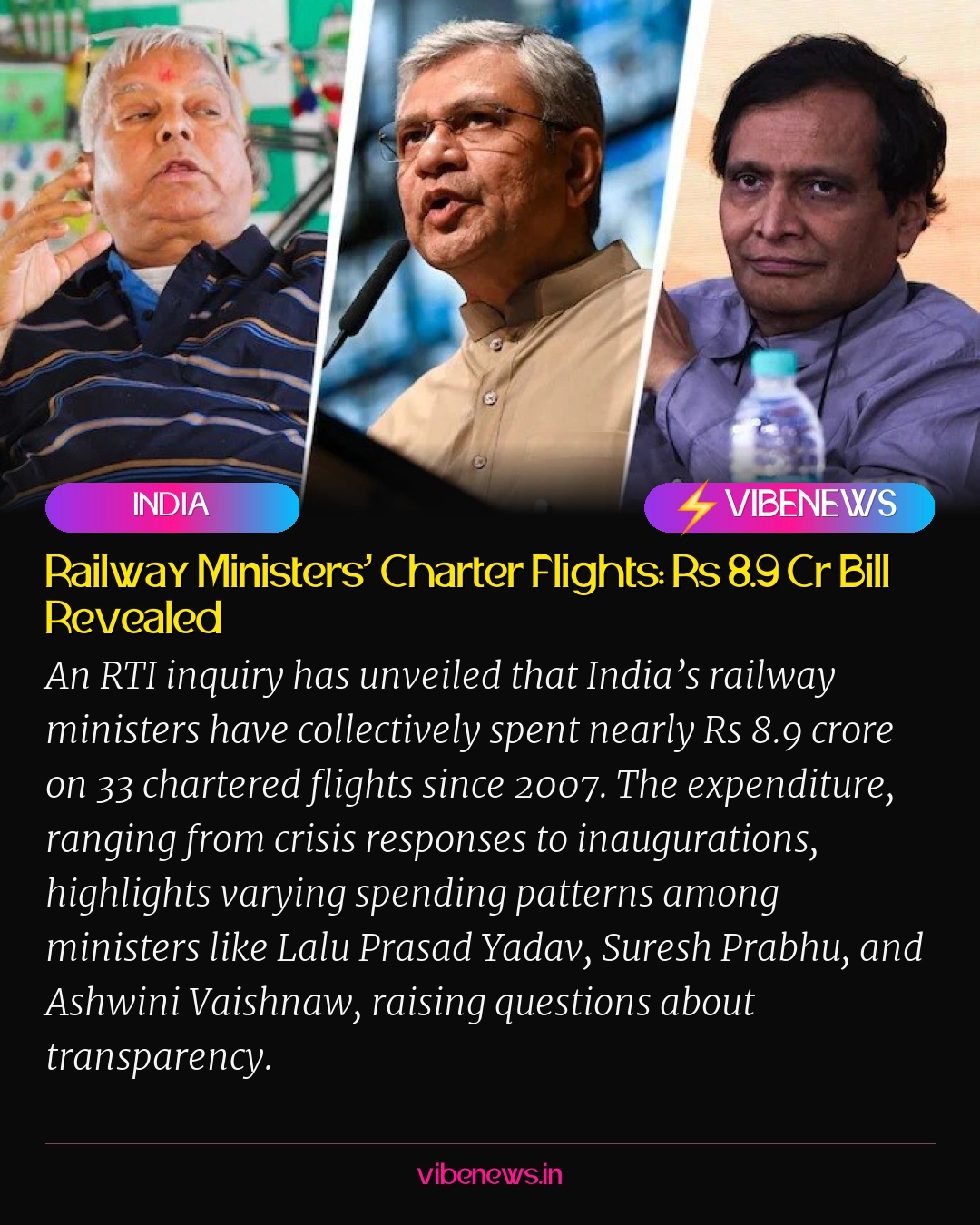 Railway Ministers’ Charter Flights: Rs 8.9 Cr Bill Revealed