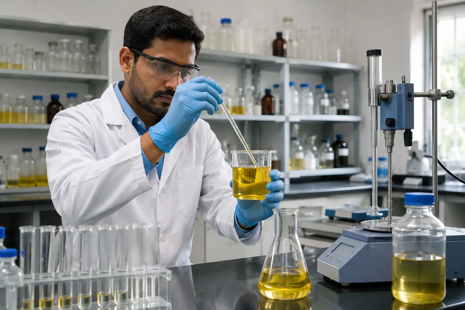 Technician performing fuel quality testing