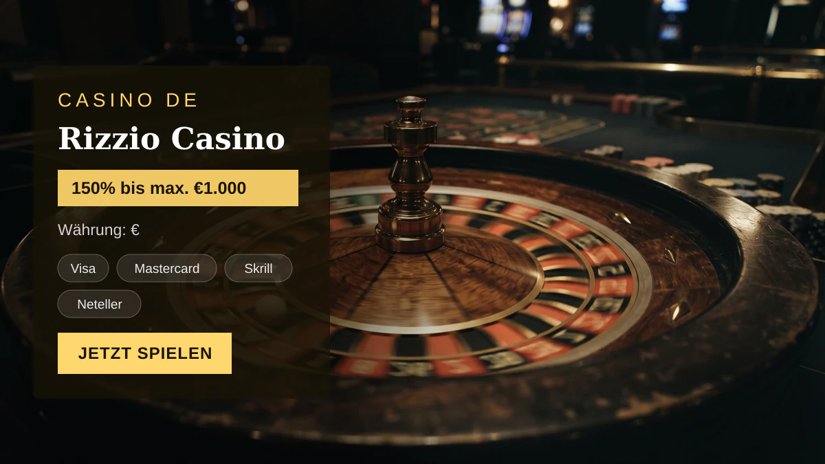 Rizzio Casino — Willkommensbonus 150% bis max. €1.000 + 40 FS, Zahlungen: Visa, Mastercard, Skrill, Neteller, Paysafecard