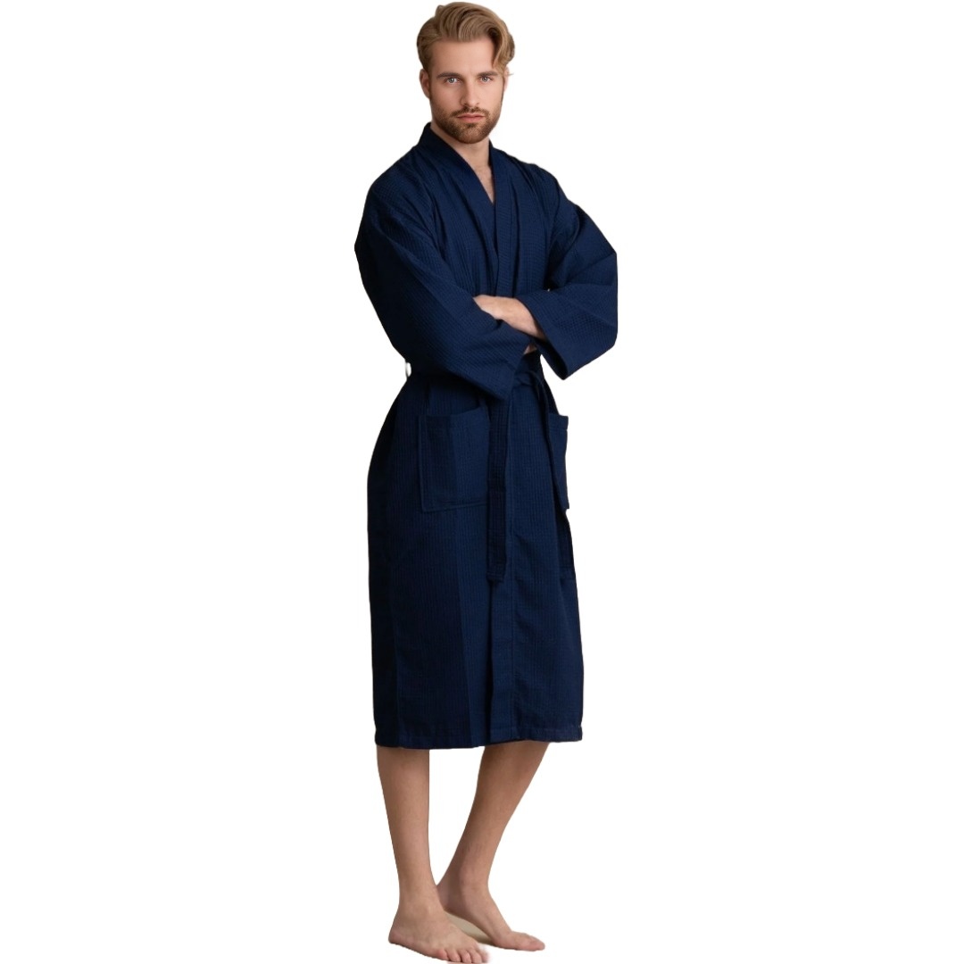 Unisex Men's Waffle Weave Kimono Navy Bathrobe (One Size)