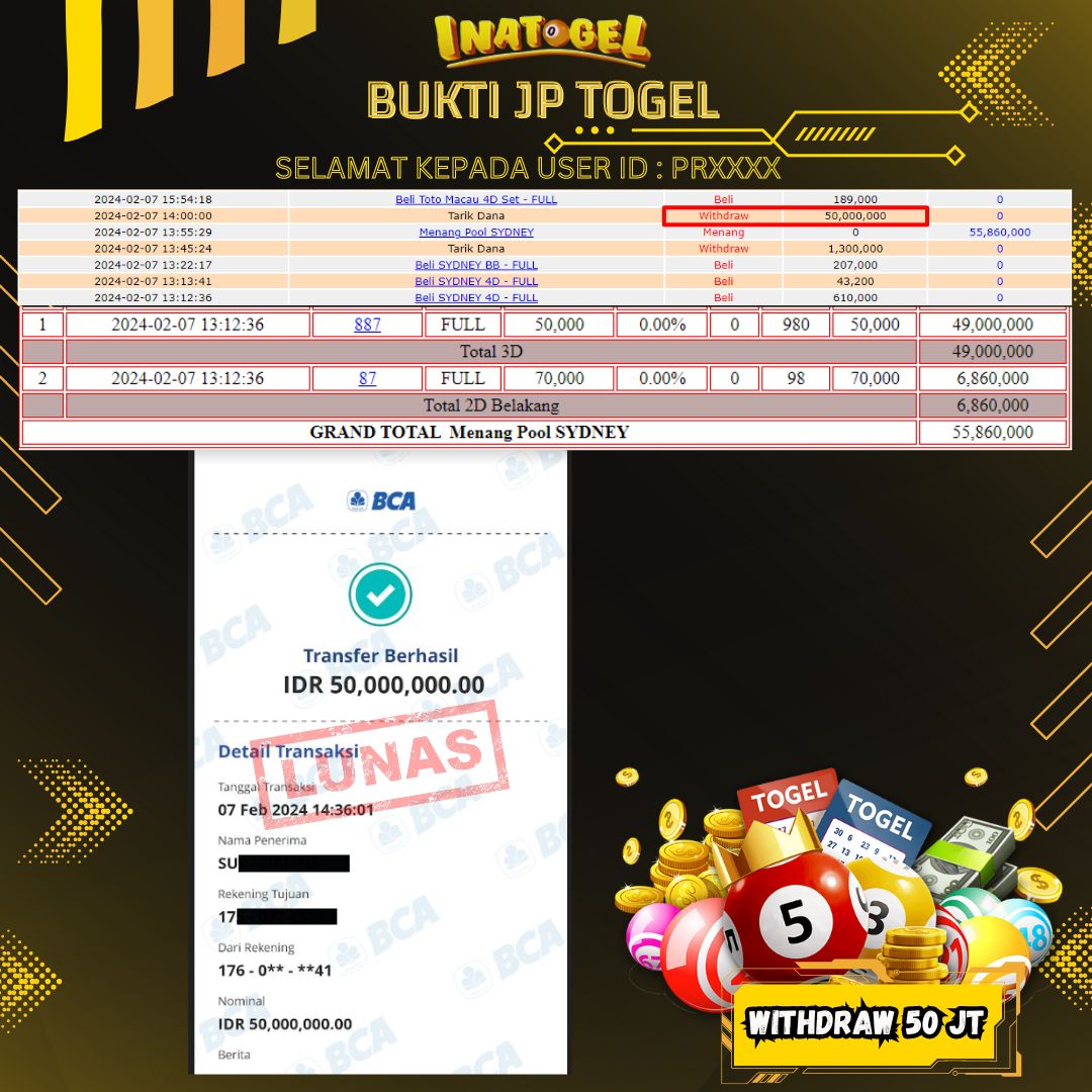 BUKTI PEMBAYARAN JP TOGEL SYDNEY Rp50,000,000,- LUNAS