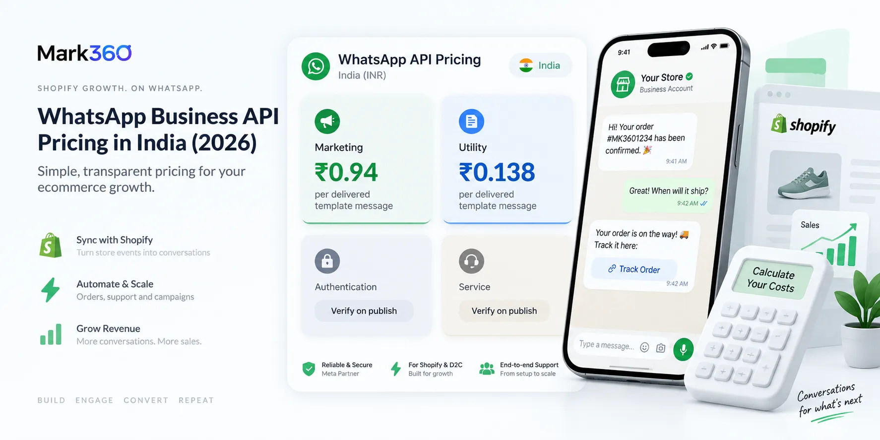 Mark360 WhatsApp API India pricing calculator for Marketing and Utility messages