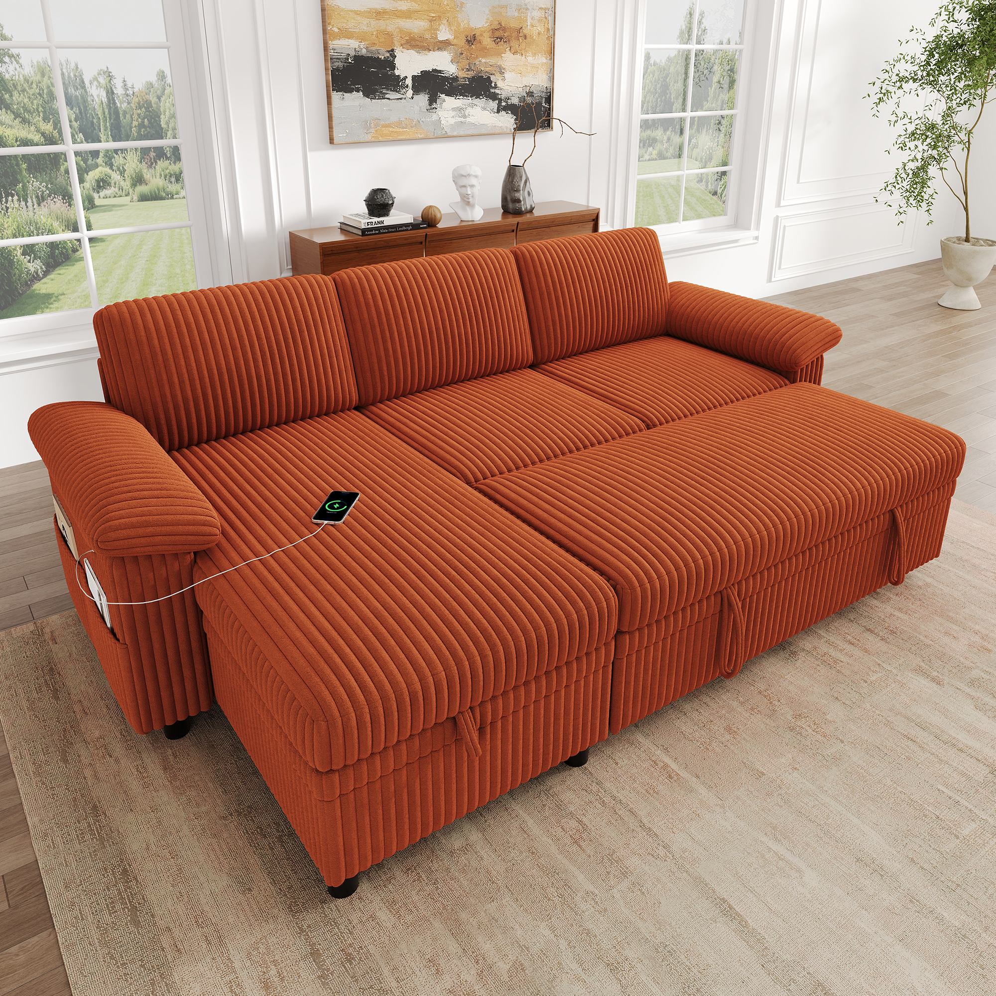 Canapé d'angle convertible orange en situation