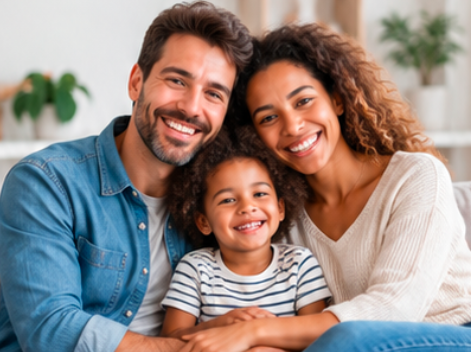 Une famille souriante réunie sur un canapé