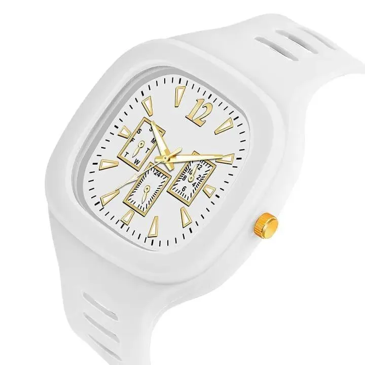 White Square Analog Watch with Gold Accents for Men - Image 3