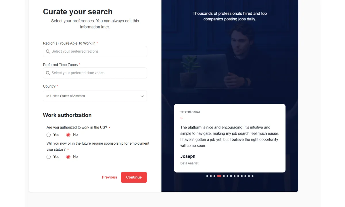 Formulario Curate Your Search para configurar regiones y autorización de visa