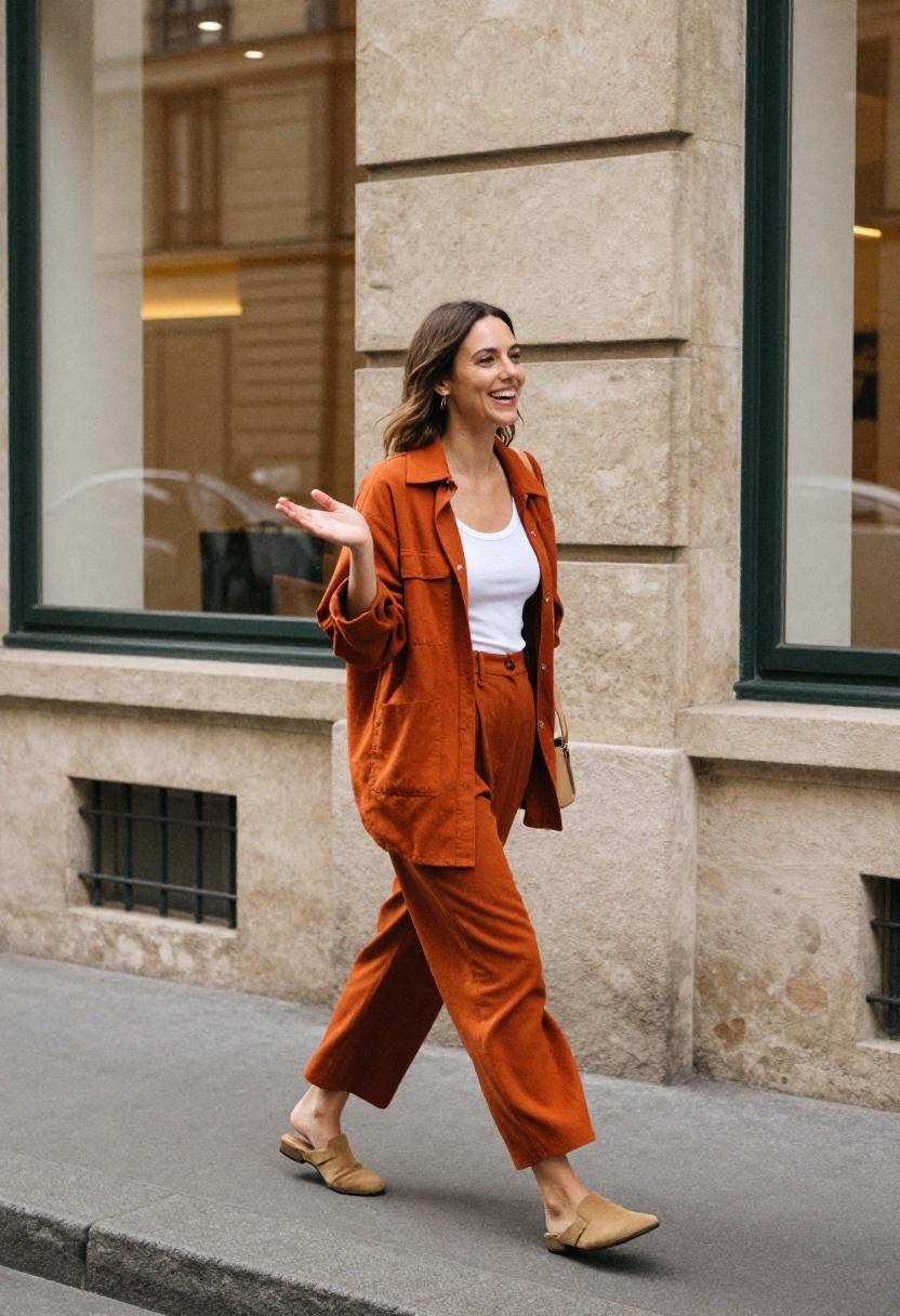 Rust-orange shacket worn open over white tank and wide-leg trousers in Parisian spring style