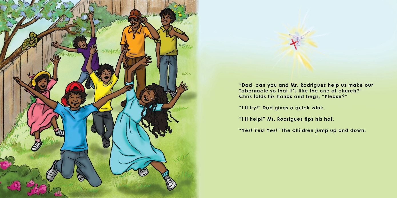 Children dancing and playing in a grassy field beside a tree and fence, with a small poem on the right.
