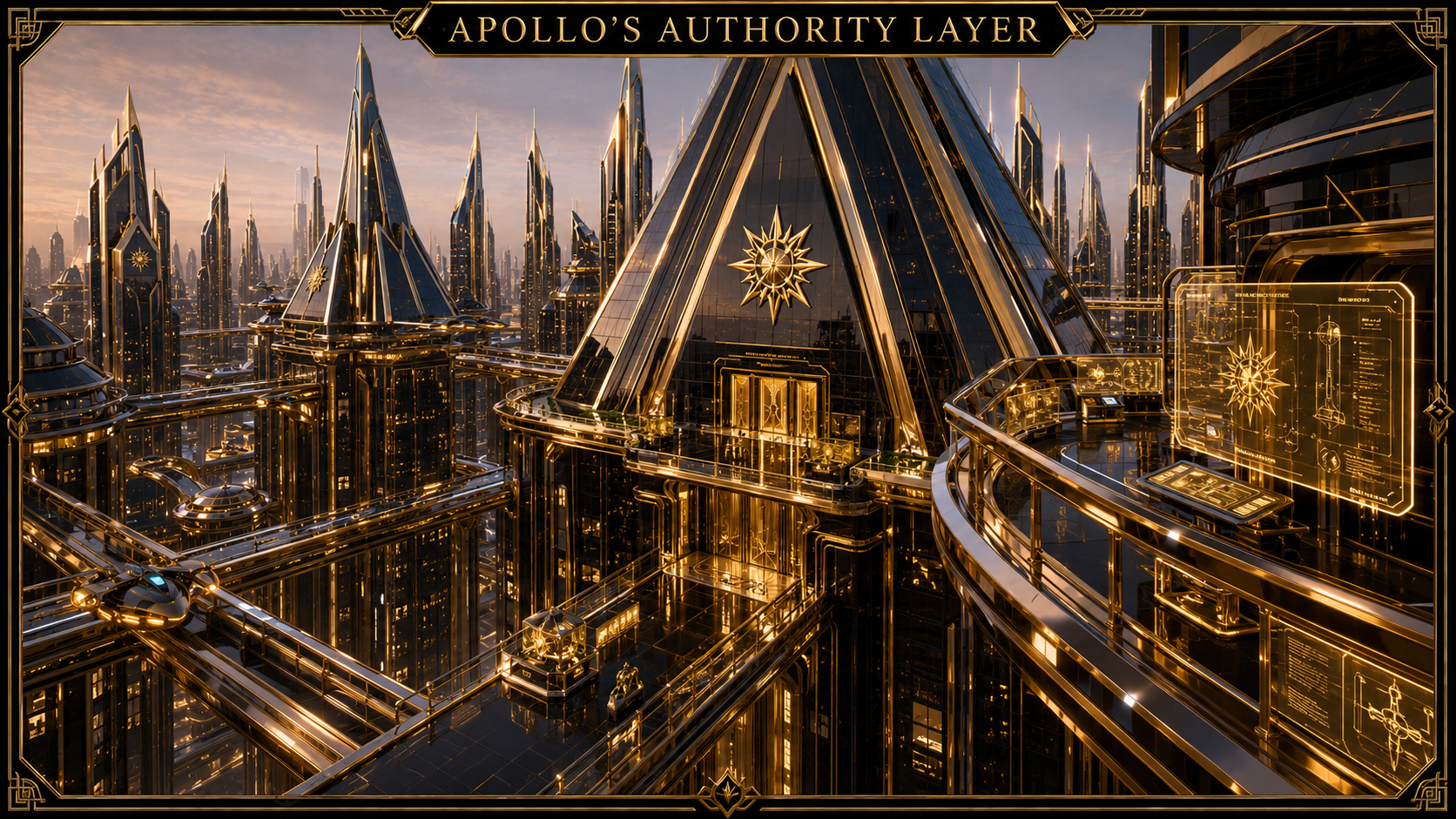 Apollo's Authority Layer, a black and gold Skyward command view with radiant towers, elevated routes, and solar-glass architecture