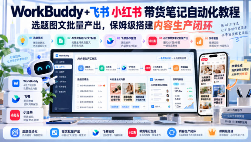 workbuddy飞书小红书带货笔记自动化教程,选题图文批量