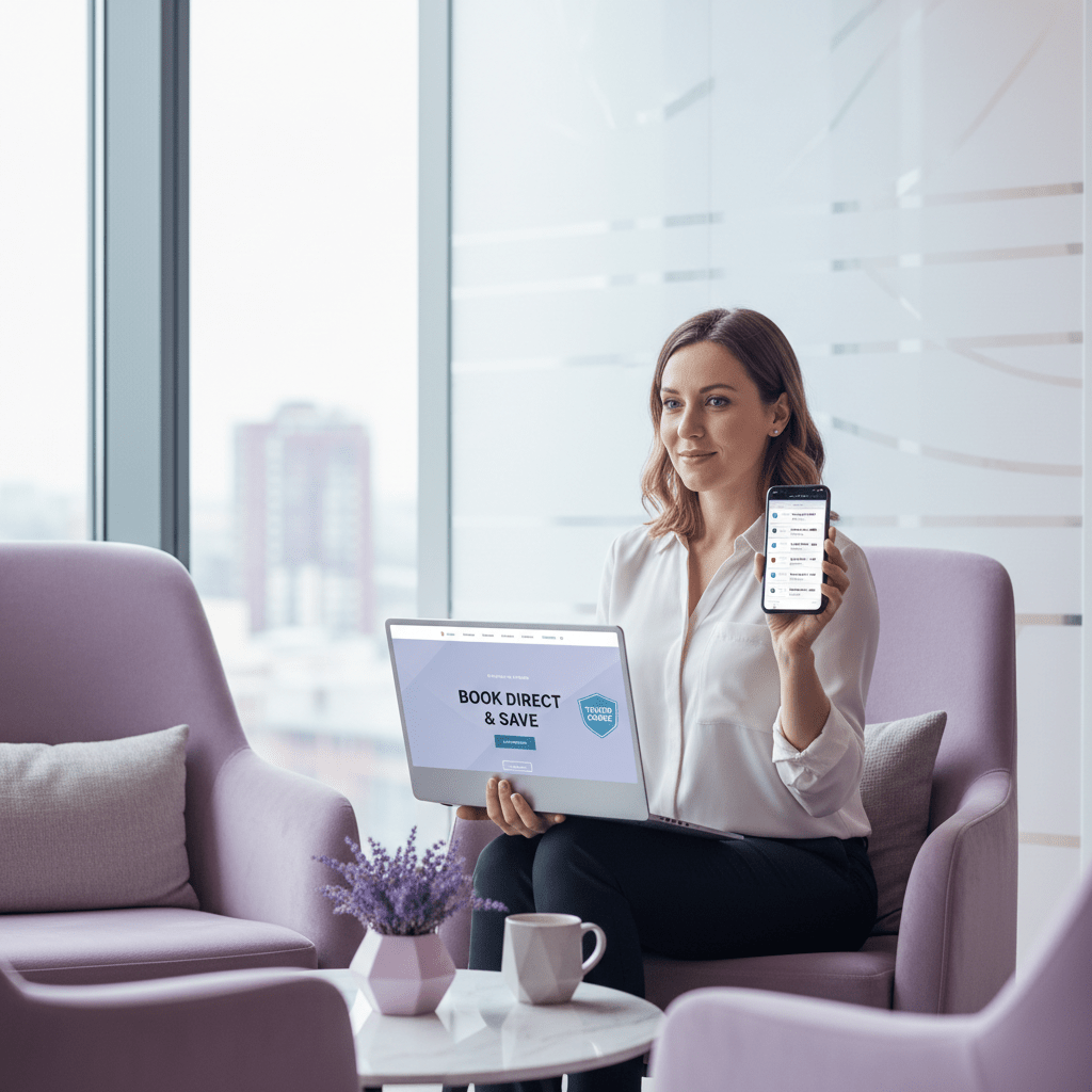 Guest comparing direct booking website and OTA listings on laptop and phone