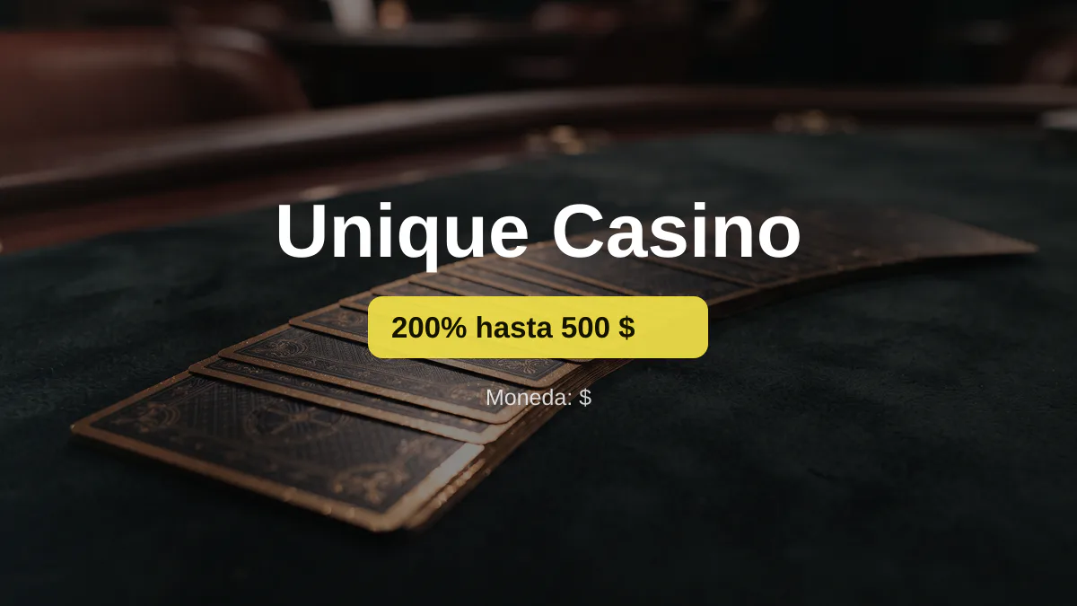 Unique Casino — bono de bienvenida 200% hasta 500 $ + 100 FS, pagos: Visa, Mastercard, Bizum, Neosurf, ecoPayz