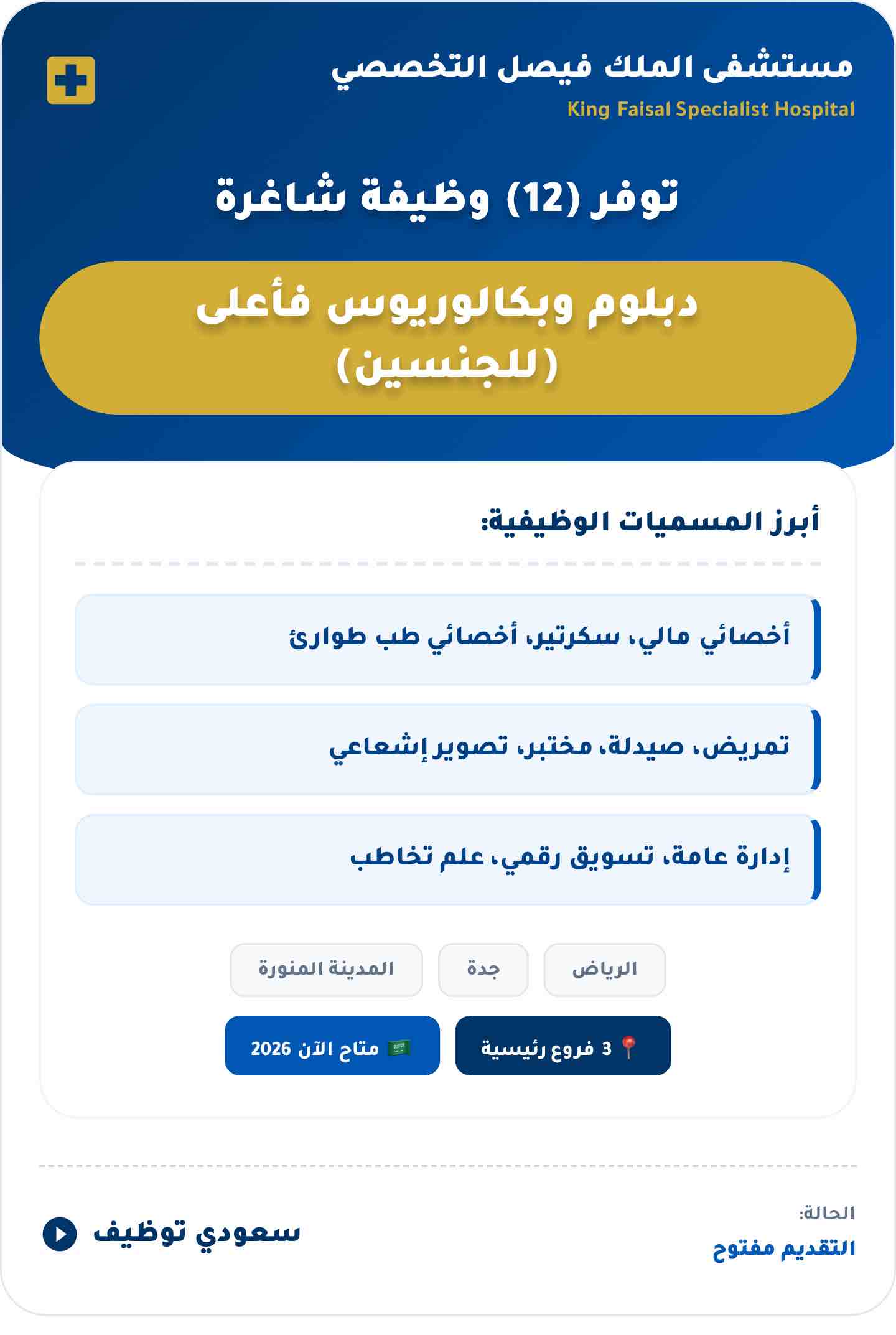 وظائف مستشفى الملك فيصل التخصصي 2026 (12 وظيفة بالرياض وجدة والمدينة)