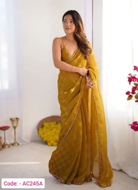 Party Wear Mustard Embroidery Chiffon Saree
