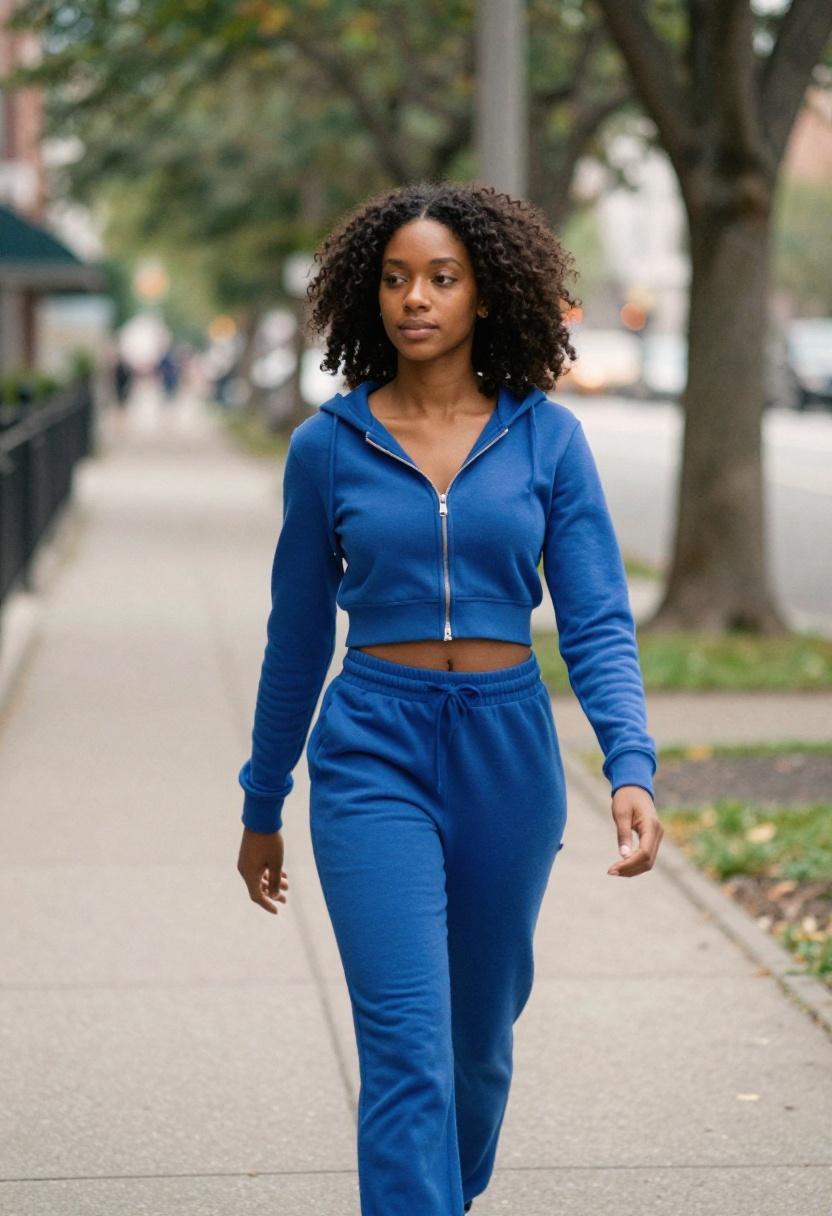 Cobalt blue lounge set worn mid-stride on a city sidewalk