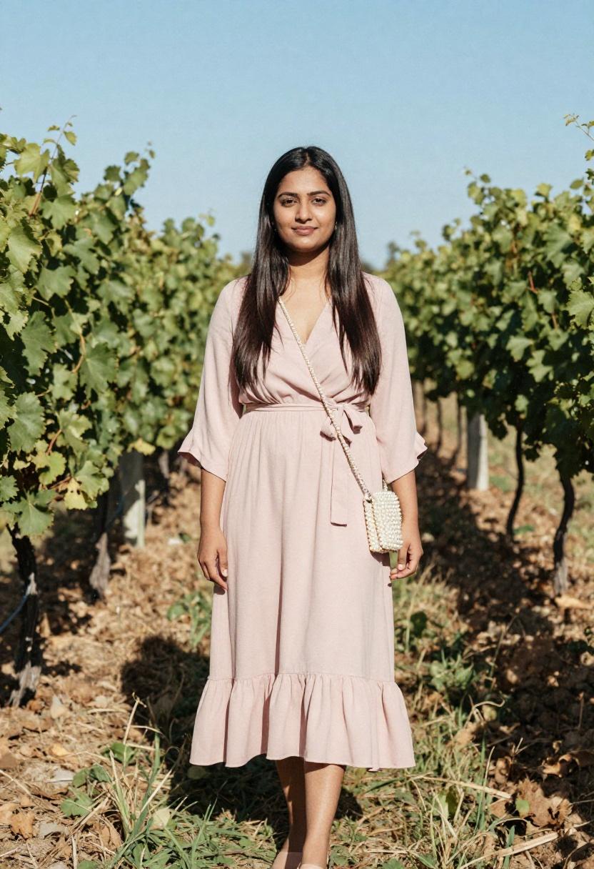 blush pink wrap dress vineyard spring romantic outfit