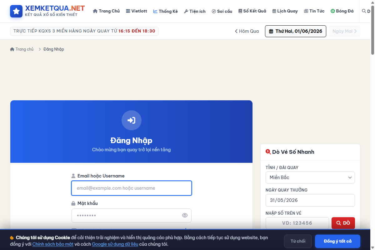 Hướng dẫn cách xem và sử dụng Đăng nhập tài khoản trên Xemketqua.net