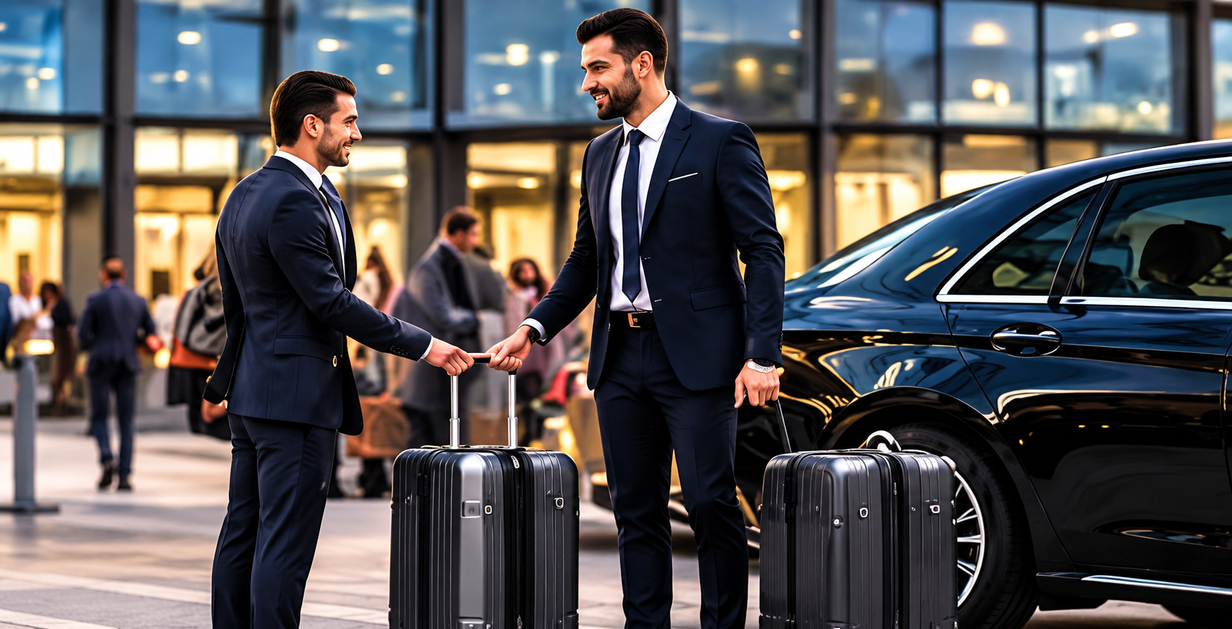 Zakelijke reizigers bij een comfortabele zwarte taxi