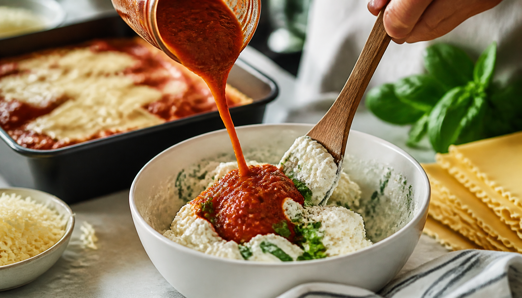 A home cook assembling layers of noodles and sauce in a baking dish while preparing a delicious 30 MINUTE EASY LASAGNA RECIPE in a bright kitchen.