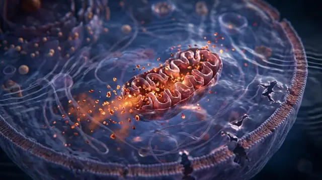 Macro cellular interior showing mitochondria and glowing free radicals depicting oxidative stress