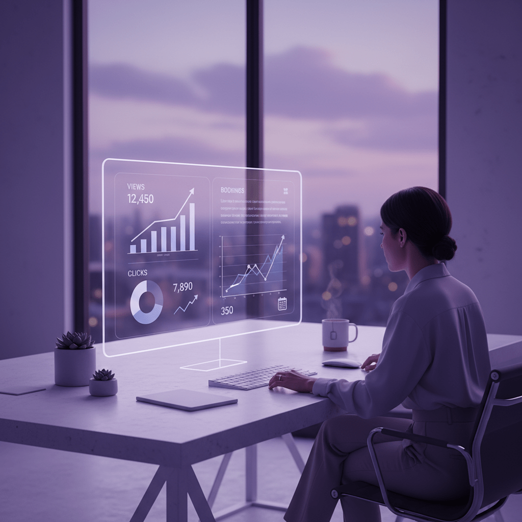 A host analyzing Airbnb performance metrics on a clean dashboard, focused on views, clicks, and bookings