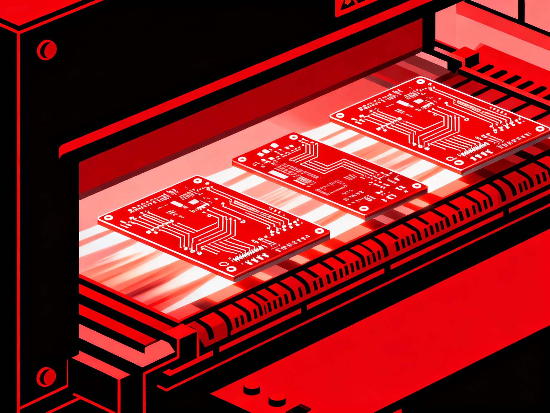 Reflow soldering oven with PCBs in heat zones.