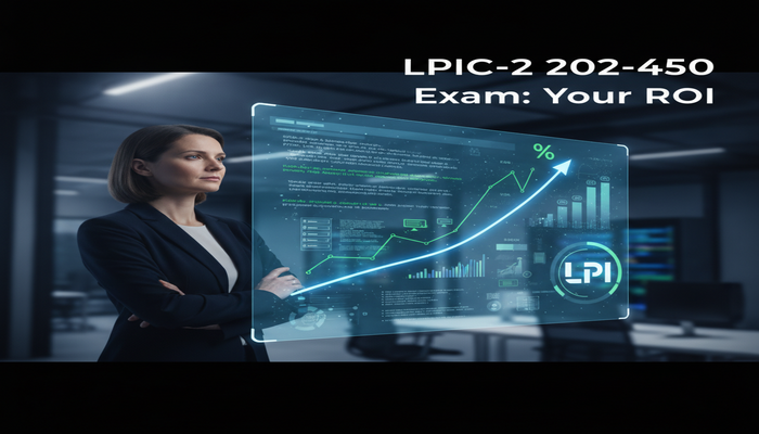 LPIC-2 202-450 Exam: Your ROI A confident Linux professional observing a holographic display that shows a rising ROI graph and the text 'LPIC-2 202-450 Exam: Your ROI', symbolizing the career value and return on investment of the LPIC-2 certification.