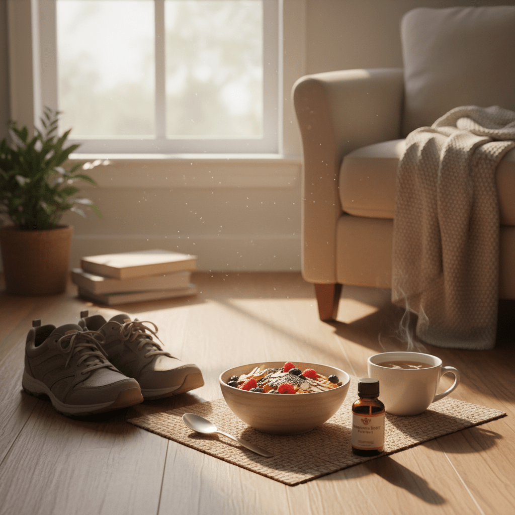 Relaxed morning wellness routine with walking shoes and healthy meal