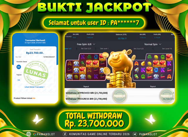 Selamat kepada Member PAMANSLOT Game Lucky Piggy : PA******7