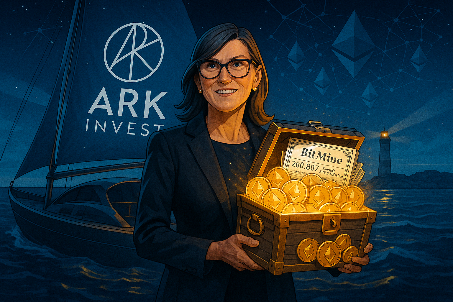 Cathie Wood’s ARK Invest acquiring shares of BitMine, highlighting Ethereum treasury strategies