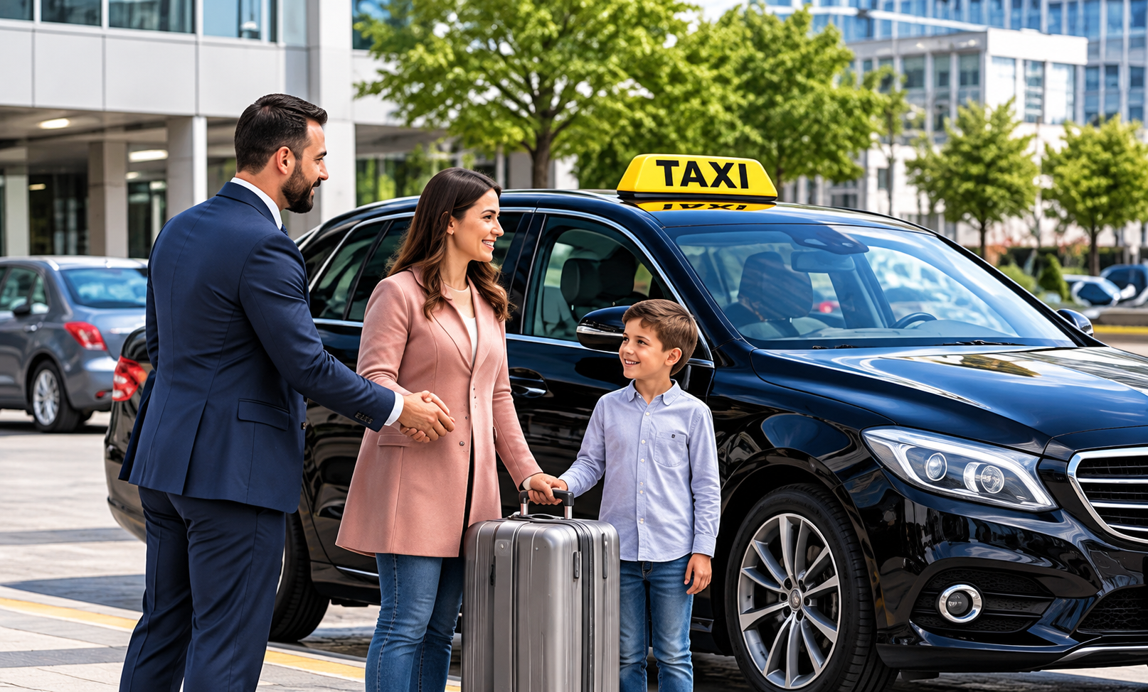 Gezin met bagage bij een taxi