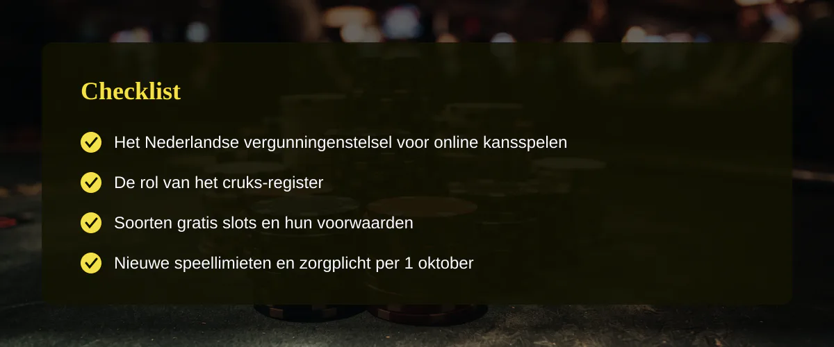 Gratis casino slots spelen: wat het betekent in het legale Nederlandse kader — Checklist