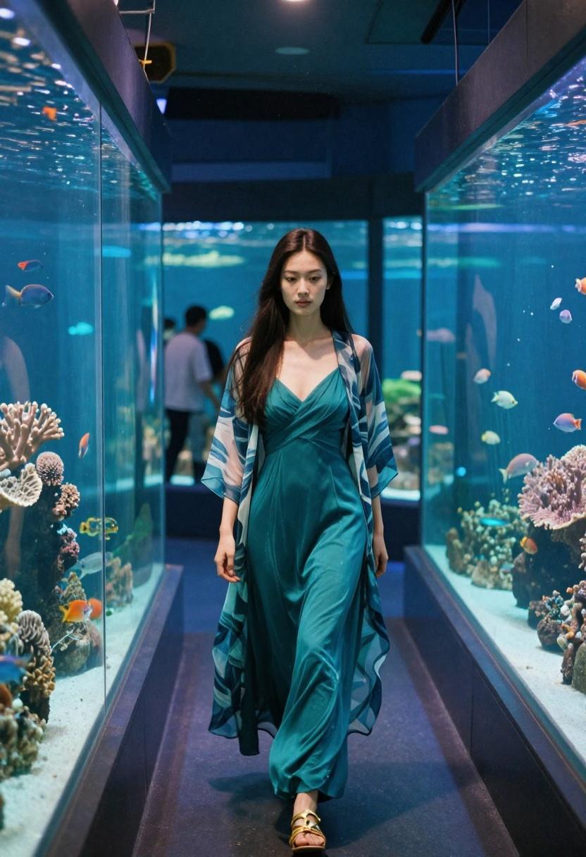 Shimmering teal maxi dress and oceanic-print organza jacket floating through an aquarium corridor