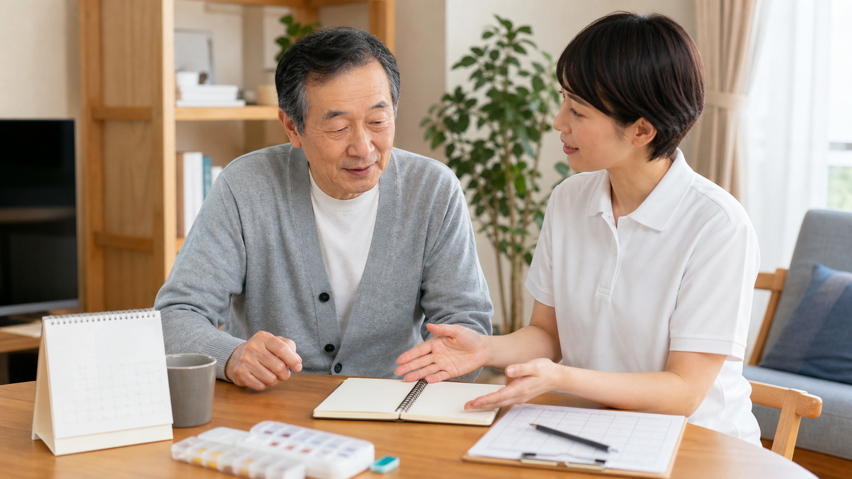 脳卒中後のセルフマネジメント支援で日々の体調や目標を確認する場面