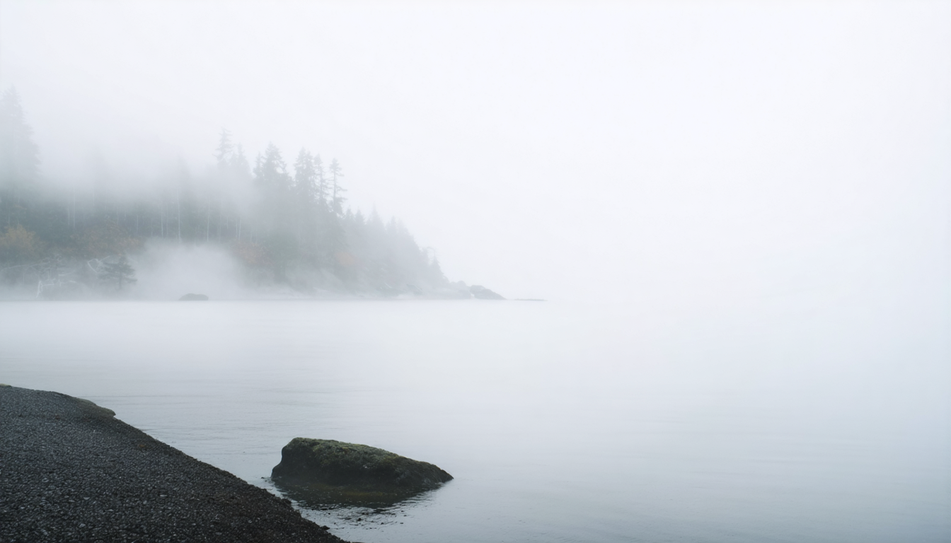 Morning fog completely obscuring a body of water, with only the faint edge of a shore visible.