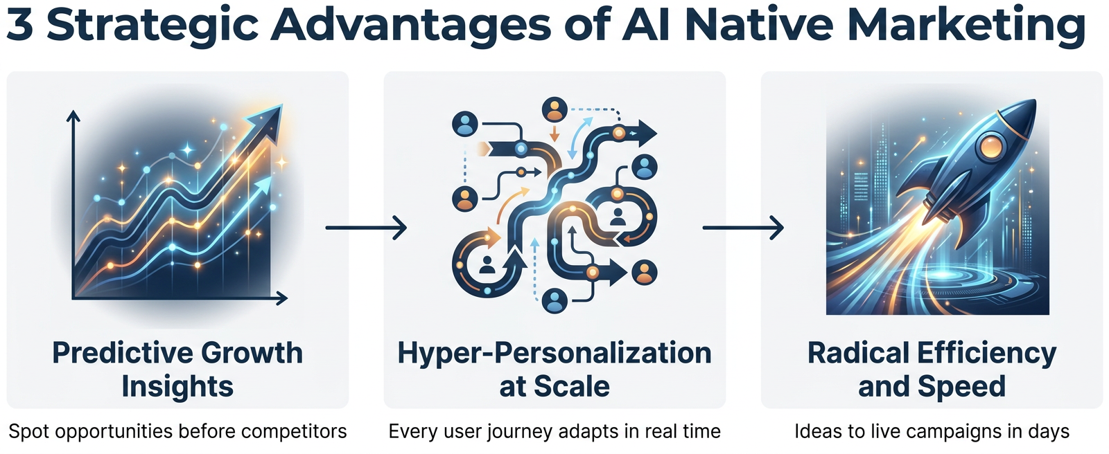Three-card horizontal infographic showing the strategic advantages of AI native marketing: Predictive Growth Insights, Hyper-Personalization at Scale, and Radical Efficiency and Speed — with realistic icons in #274059 navy